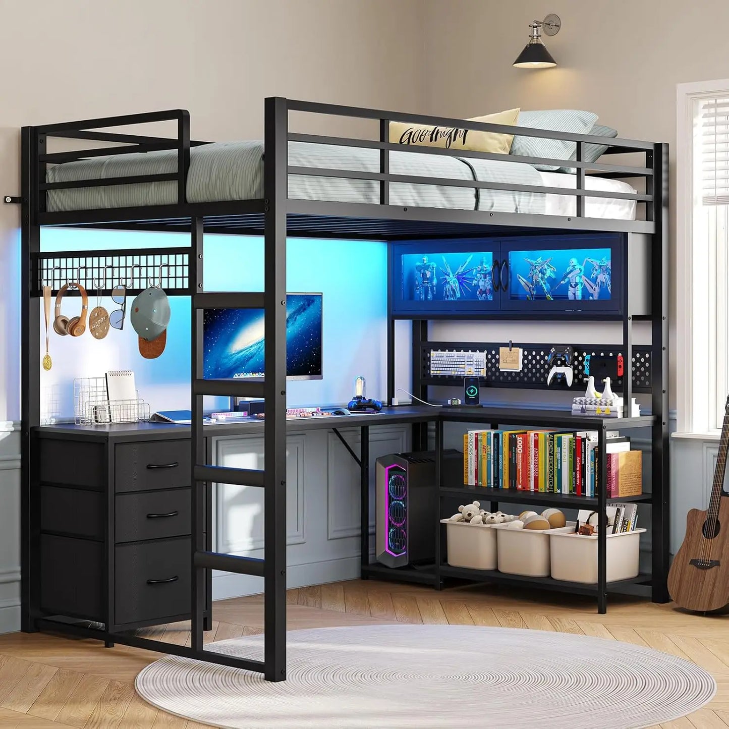 Twin Loft Bed L-Shaped with Gaming Desk Storage Hutch Power Outlet Metal Frame Lights Space Saving Black, Customized