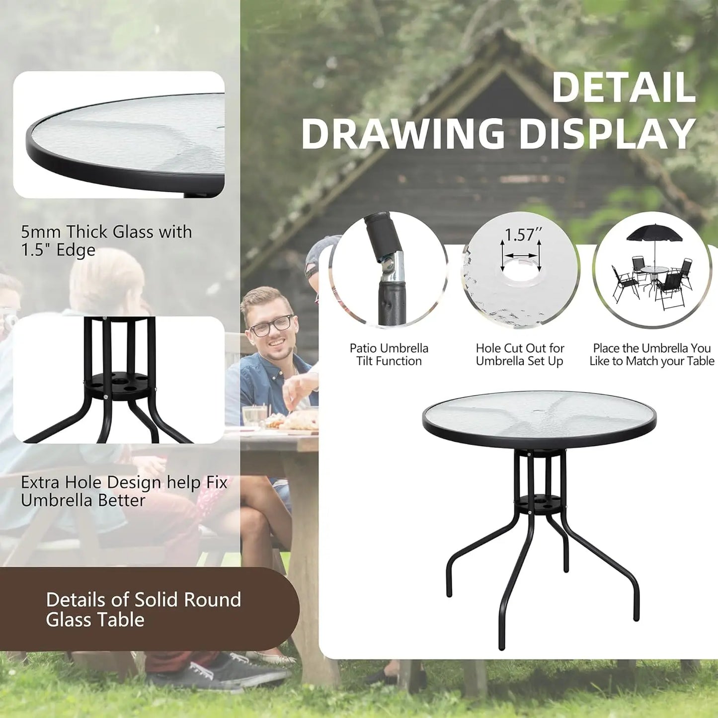 Folding Metal Patio Dining Set With Umbrella Hole For Lawn Backyard