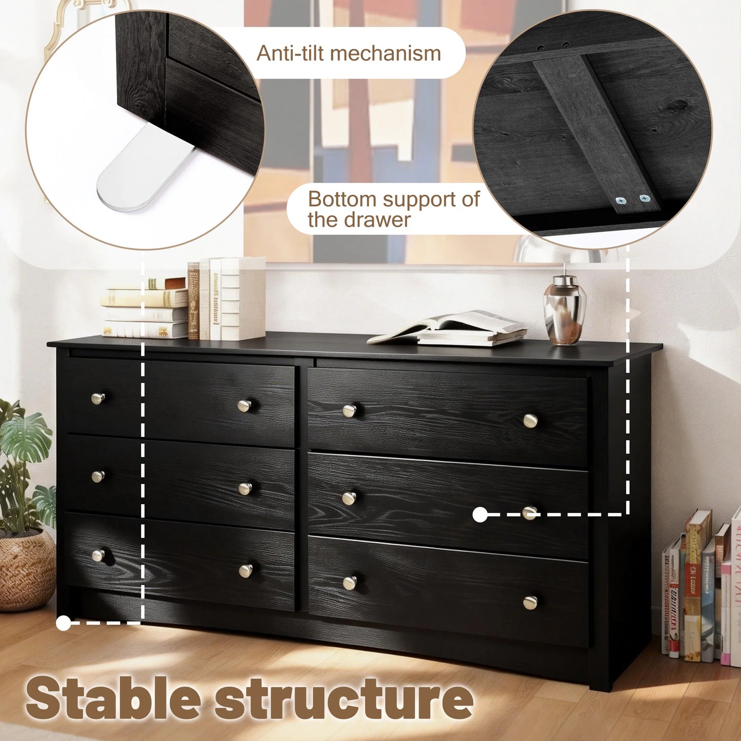 Wood 6 Dresser Drawers Cabinet for Living Room Stable Structure Storage Wide Chest of Drawers Furniture For Bedroom