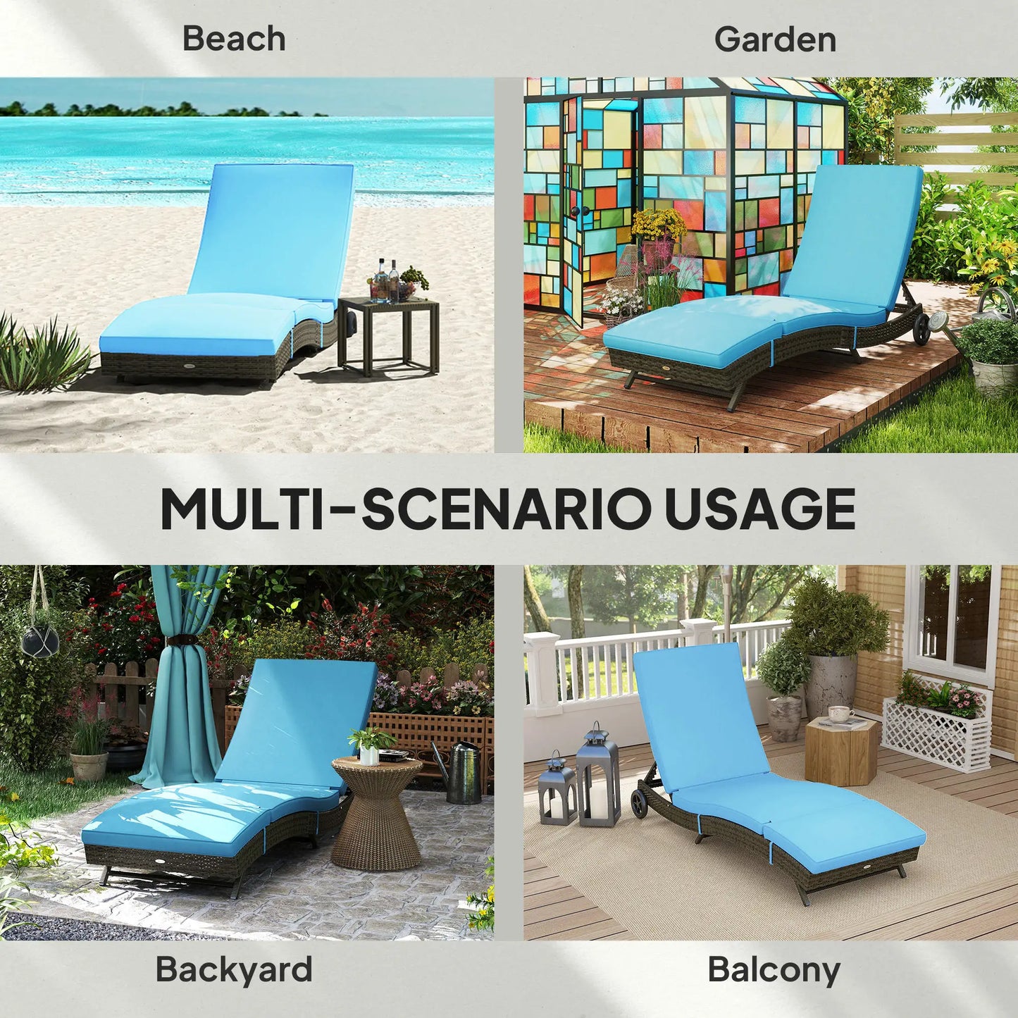Outdoor Reclining Lounge Chair, PE Wicker, Rolling Wheels, Patio, Sky Blue