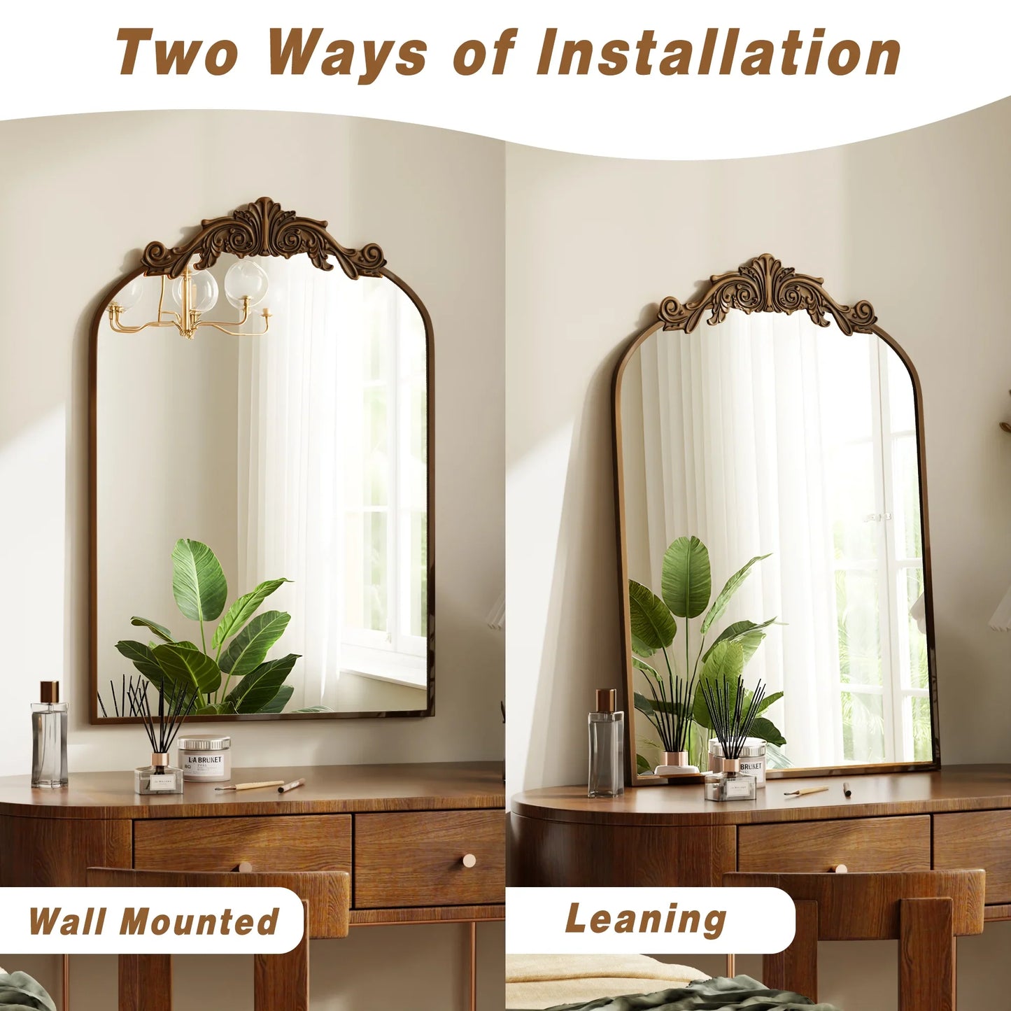 BEAUTYPEAK Classic Wall Decor Mirror Arched Metal Vintage Bathroom Mirror