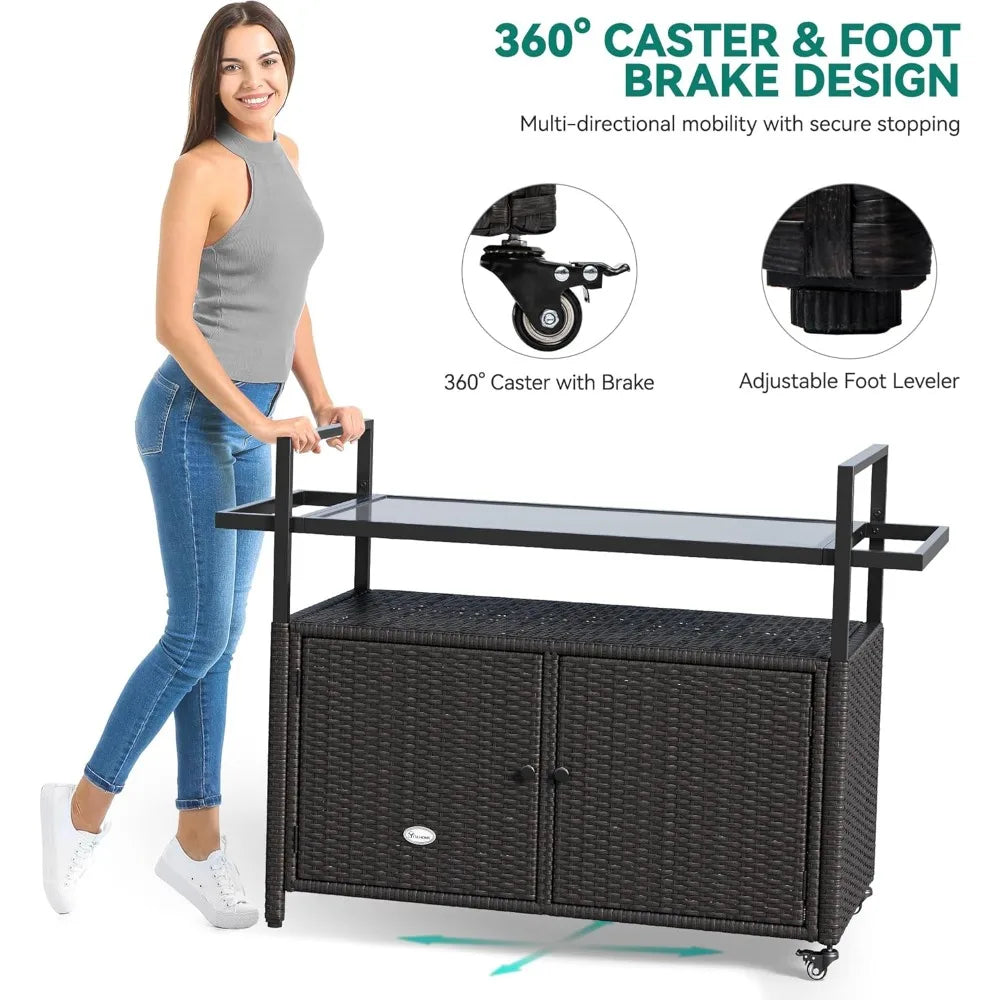 Outdoor Kitchen Wicker Island Rolling Cart, Patio Bar Table with wheels